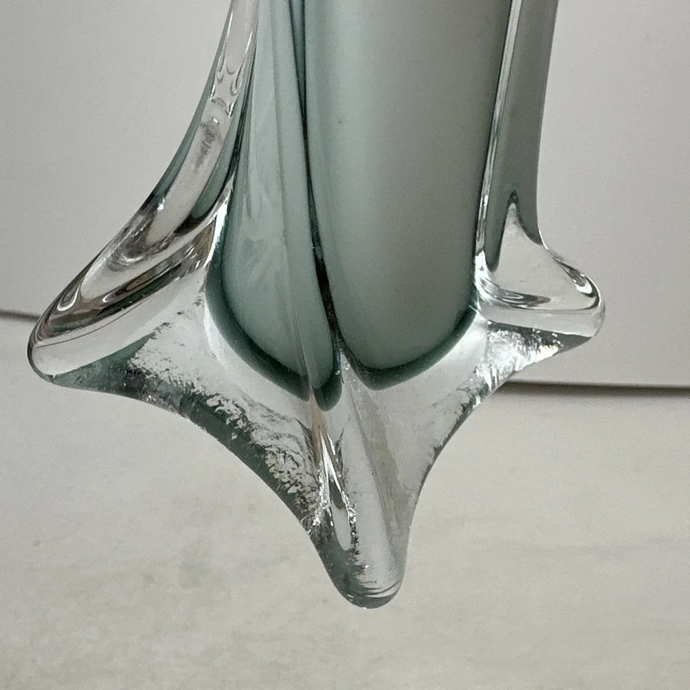 Flared White Cased Glass Vase Gray Accents Tall Twist Art Glass 8
